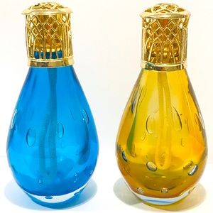 Vintage Alexandria Cupola Art Blue Amber Glass Pair of Fragrance Lamps  7.5”
